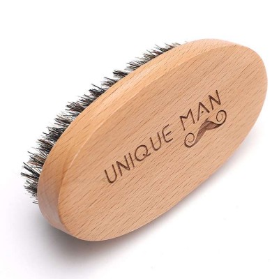 Amazon private logo laser engraved beech wood wooden boar hair bristle beard brush